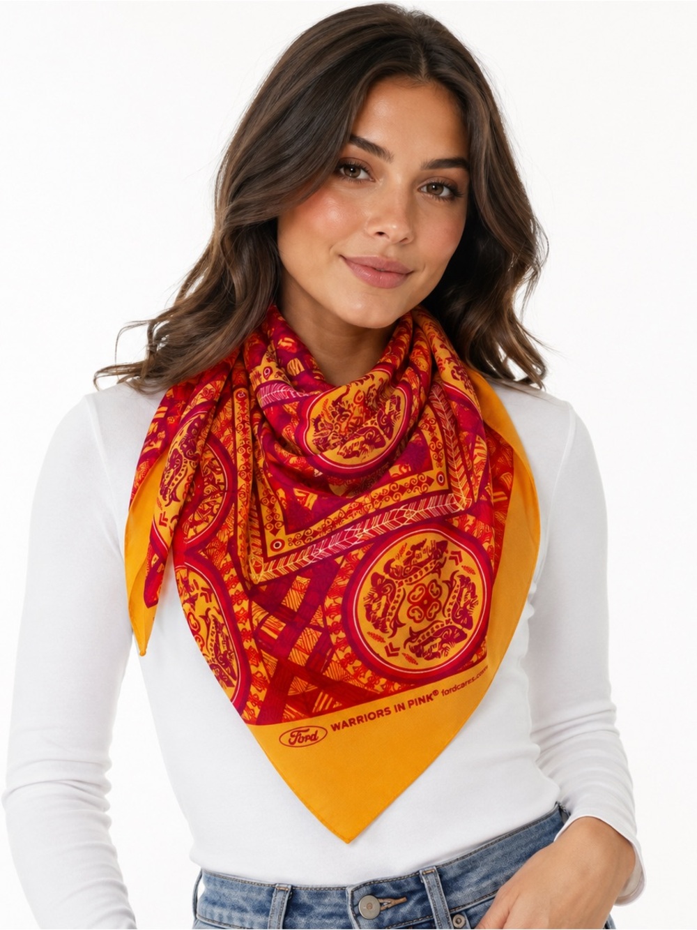 Ford Warriors Square Scarf Red Yellow Geometric Logo Bandana BOHO Medallion Neck